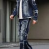 Men's spring and autumn denim suit, multi - pocket design, wide straight - leg pants style