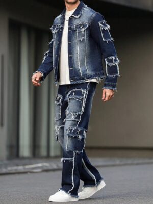 Sfa872c3519b2438cb7173217035a2689A.jpg Men's spring and autumn denim suit, multi - pocket design, wide straight - leg pants style