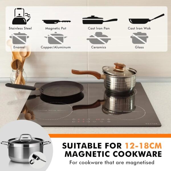 NOXTON Plug in Induction Hob, 4 Zones Electric 60cm Built-in, Touch, Safety Lock, 99-Min-Timer, Black, (UK:2800W/EU:3500W)