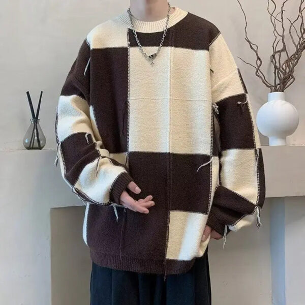 Sfc4921cc1e7f4c6f9d7595e597280e6c7.jpg Plaid Sweater Men Spring and Autumn New Splicing Pullovers O-Neck Fashion Loose Minimalist Casual Long-sleeved Knitted Tops