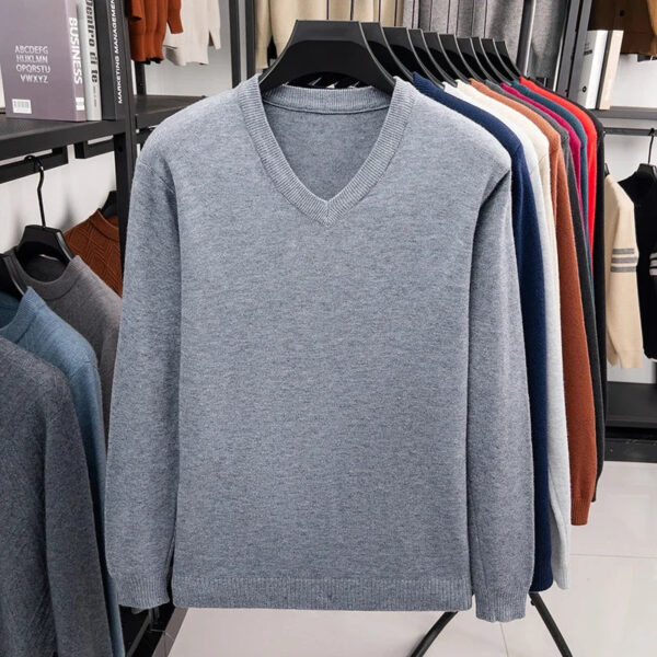 Sfe4899c12d4b4fd688db84124213933cU.jpg 2025 Men's V-Neck Basic Solid Color Sweatshirt Warm Autumn Knitted Oversize Pullover Elastic round Neck Sweater for Casual Wear