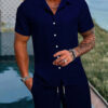 Sfe9f3f7d05bc492caadcb1e4d7f7eb46F.jpg Spring And Summer New Sports Men's Polo Casual Solid Color Loose Short-sleeved Drawstring Shorts Cardigan Striped Sports Suit