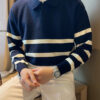 Autumn Simple Lapel Striped Sweater For Men Casual Vintage Korean Fashion Knitwear Top New Y2K Loose Knitted Pullover Jumper