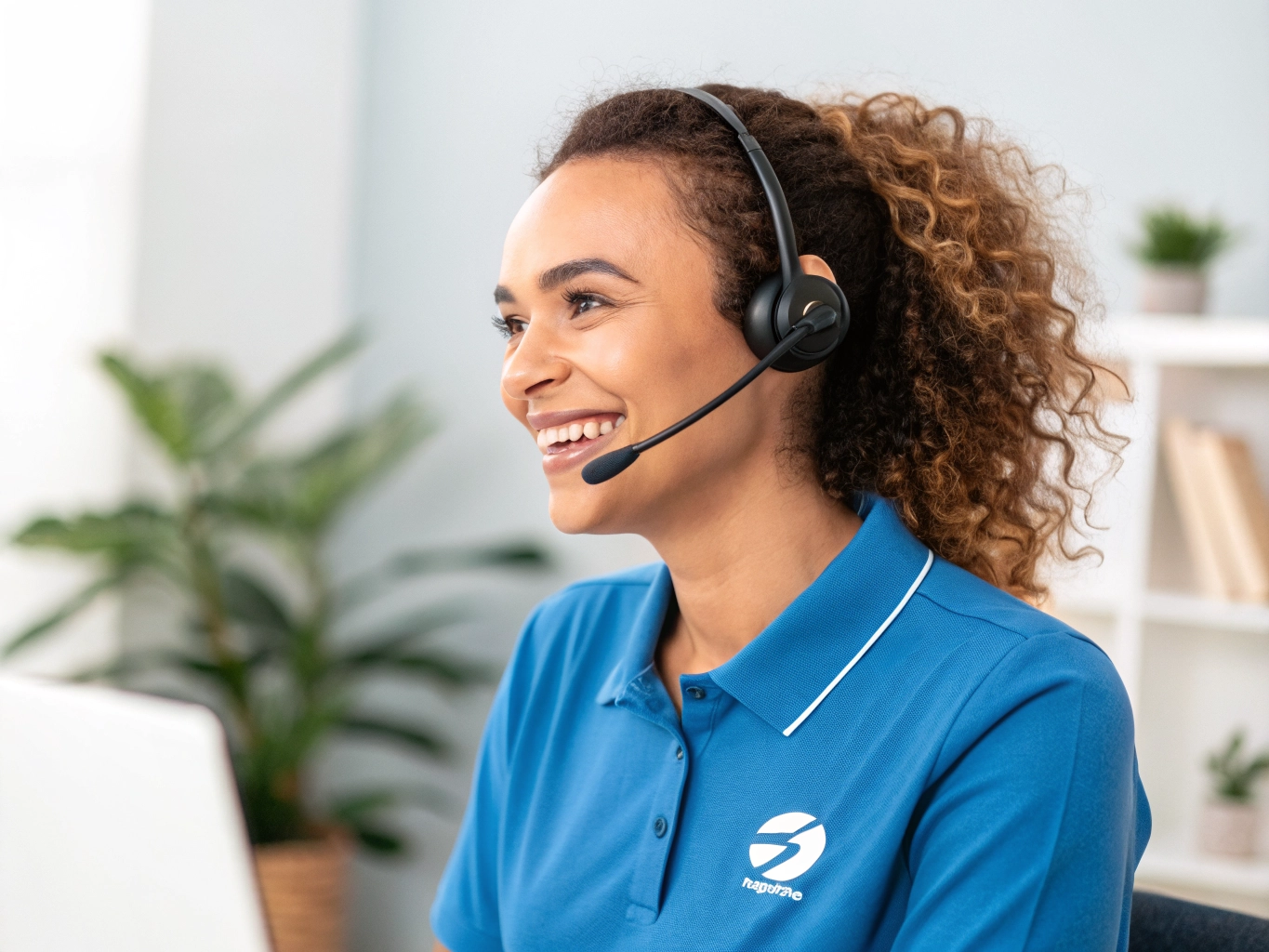 Friendly female customer support representative wearing a headset and a blue SnapCart shirt, smiling naturally in a professional office environment.