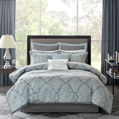 12 Piece Comforter Set with Cotton Bed Sheets Blue King
