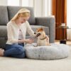 24 Inch Anti-slip Round Fluffy Plush Faux Fur Cat Bed Fits Up to 25 Lbs