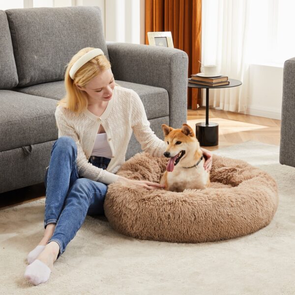 24 Inch Anti-slip Round Fluffy Plush Faux Fur Cat Bed Fits Up to 25 Lbs
