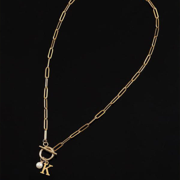 26 English Letter Necklace Stainless Steel Clip Chain Imitation Pearl