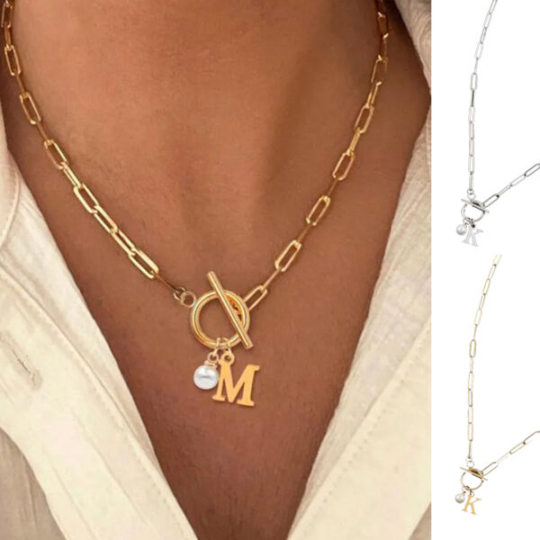 26 English Letter Necklace Stainless Steel Clip Chain Imitation Pearl