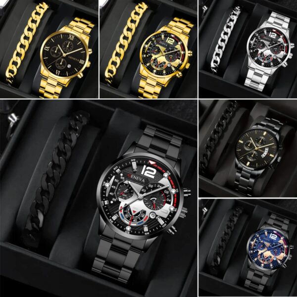 2pcs Men's Popular Steel Strip Fashion Business Three Eye Quartz Watch