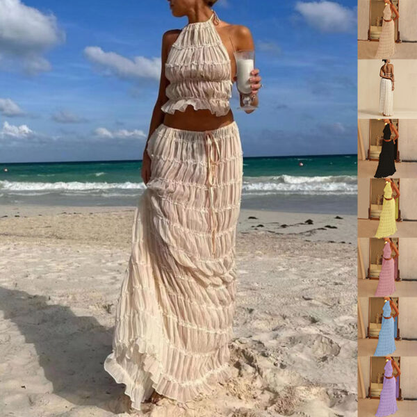 2pcs Women's Dress Suit Sexy Sleeveless Backless Cropped Halter Top 2pcs Women's Dress Suit Sexy Sleeveless Backless Cropped Halter Top