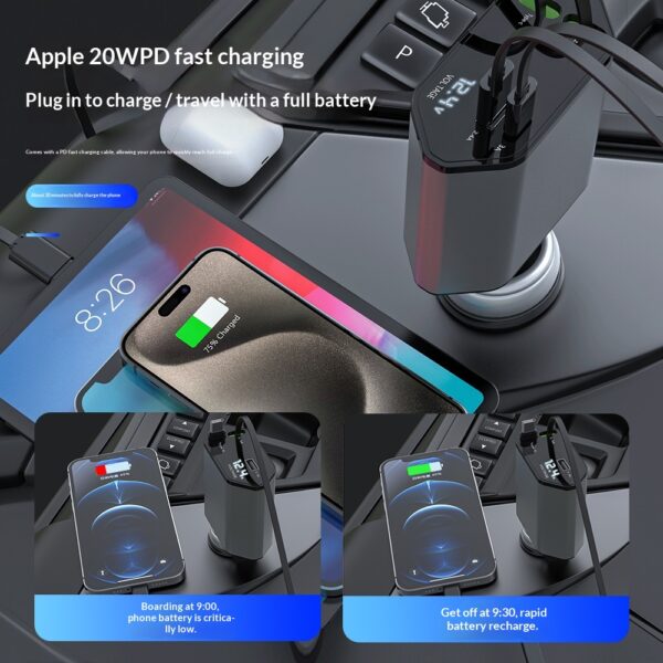 4 in 1 Retractable Car Charger Fast Phone 120W with USB Type C Cable 4 in 1 Retractable Car Charger Fast Phone 120W with USB Type C Cable