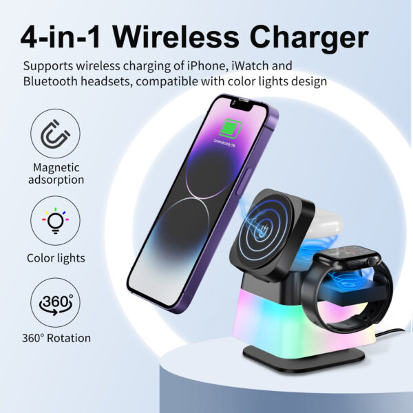 4 in 1 Rotatable Colorful Lighting Wireless Charger Stand for Phone 15 4 in 1 Rotatable Colorful Lighting Wireless Charger Stand for Phone 15