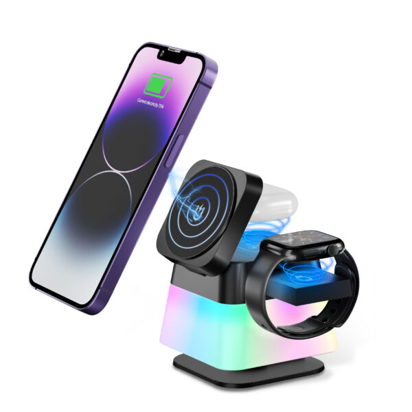 4 in 1 Rotatable Colorful Lighting Wireless Charger Stand for Phone 15 4 in 1 Rotatable Colorful Lighting Wireless Charger Stand for Phone 15