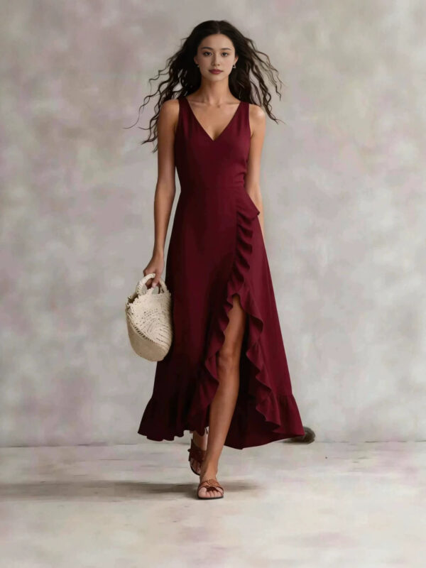Bohemian V-neck Sleeveless Dress Ruffled Split Maxi Skirt Beach Bohemian V-neck Sleeveless Dress Ruffled Split Maxi Skirt Beach
