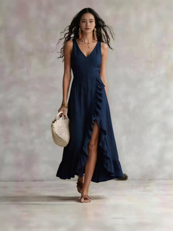 Bohemian V-neck Sleeveless Dress Ruffled Split Maxi Skirt Beach Bohemian V-neck Sleeveless Dress Ruffled Split Maxi Skirt Beach
