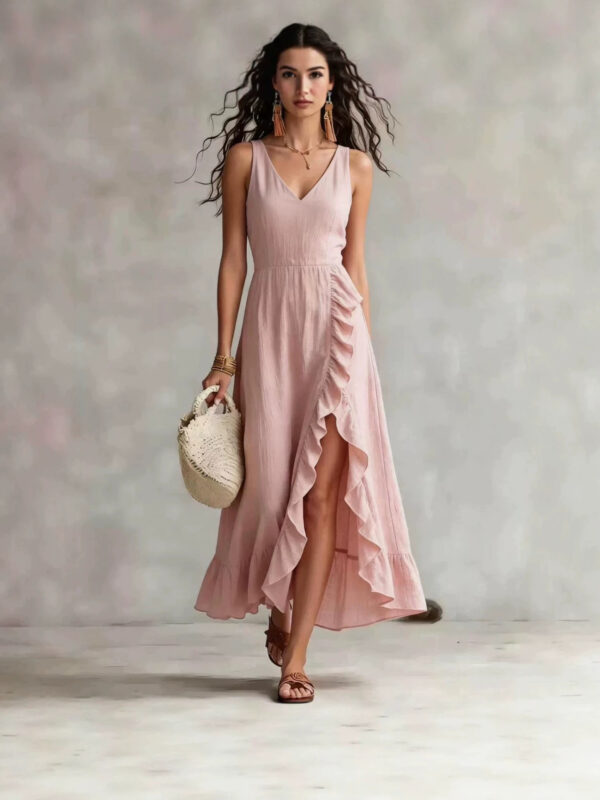 Bohemian V-neck Sleeveless Dress Ruffled Split Maxi Skirt Beach Bohemian V-neck Sleeveless Dress Ruffled Split Maxi Skirt Beach