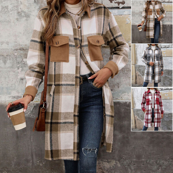 Brushed Plaid Long Coat with Pockets Fashion Winter Jacket Outwear