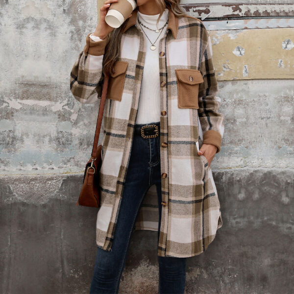 Brushed Plaid Long Coat with Pockets Fashion Winter Jacket Outwear