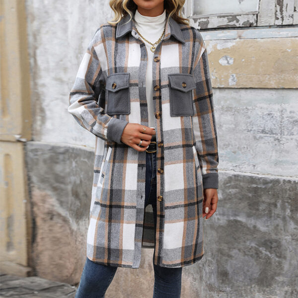 Brushed Plaid Long Coat with Pockets Fashion Winter Jacket Outwear