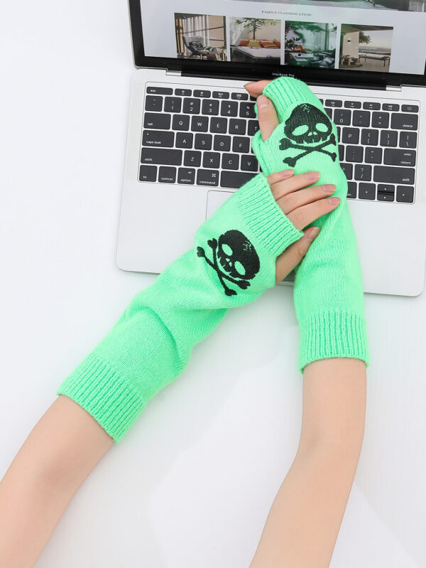 Candy Color Neon Halloween Skull Print Long Fingerless Knit Gloves Arm