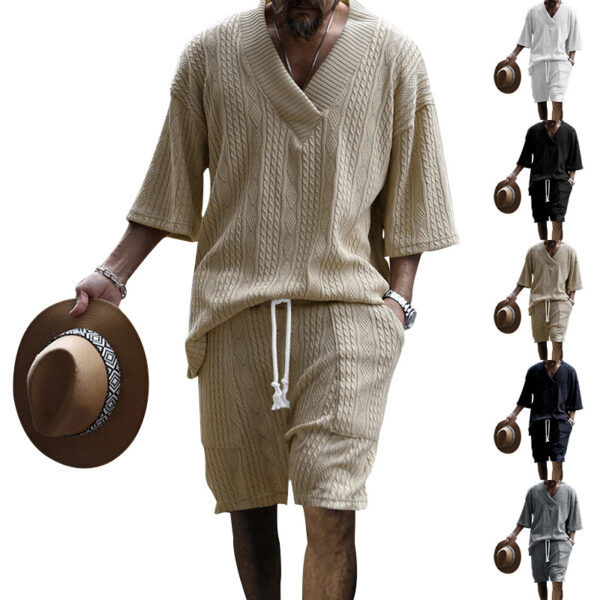 Casual Jacquard Suits Summer V-neck Short-sleeved T-shirt