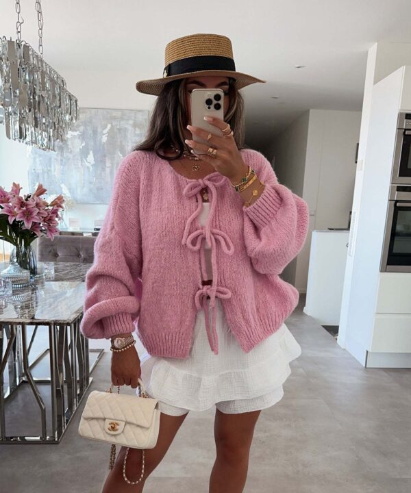 Casual Knitted Bow Lace Up Cardigan Women Solid O-neck Short Sleeve