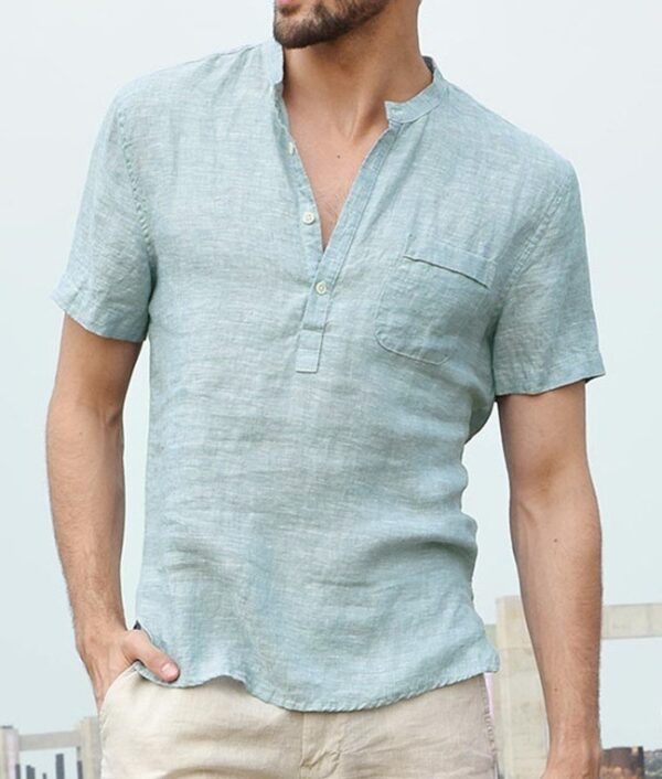 Casual Linen Solid Color Shirt Button V Neck Beach Men Summer Tops