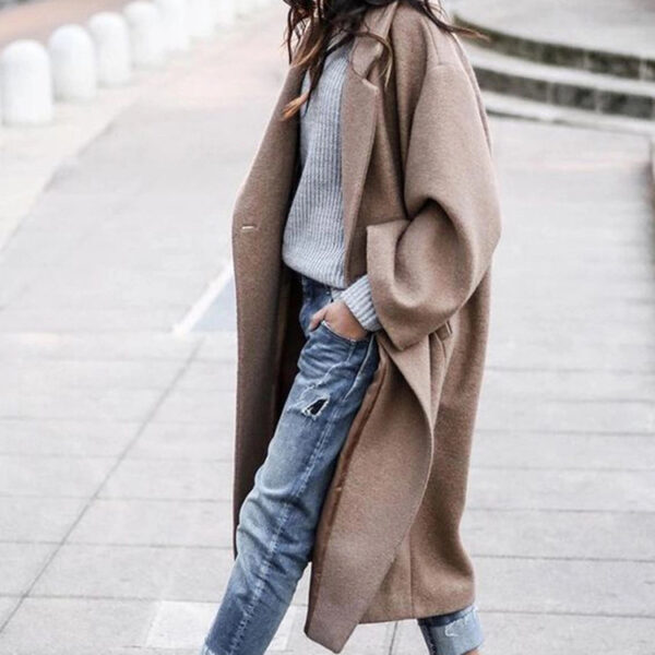 Casual Long Jacket with Pockets Solid Color Single Breasted Lapel