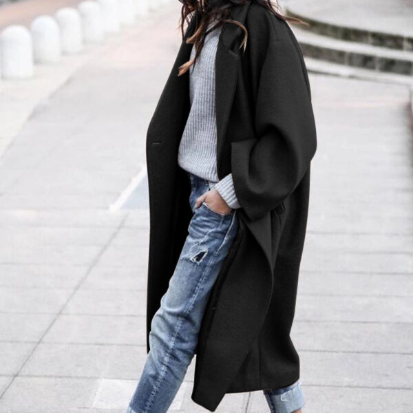 Casual Long Jacket with Pockets Solid Color Single Breasted Lapel
