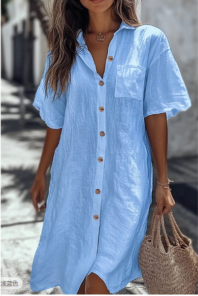 Casual Solid Shirt Dress Lady Fashion Short Sleeve Button Loose Dresses Casual Solid Shirt Dress Lady Fashion Short Sleeve Button Loose Dresses