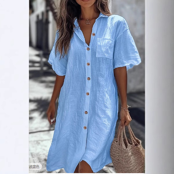 Casual Solid Shirt Dress Lady Fashion Short Sleeve Button Loose Dresses Casual Solid Shirt Dress Lady Fashion Short Sleeve Button Loose Dresses