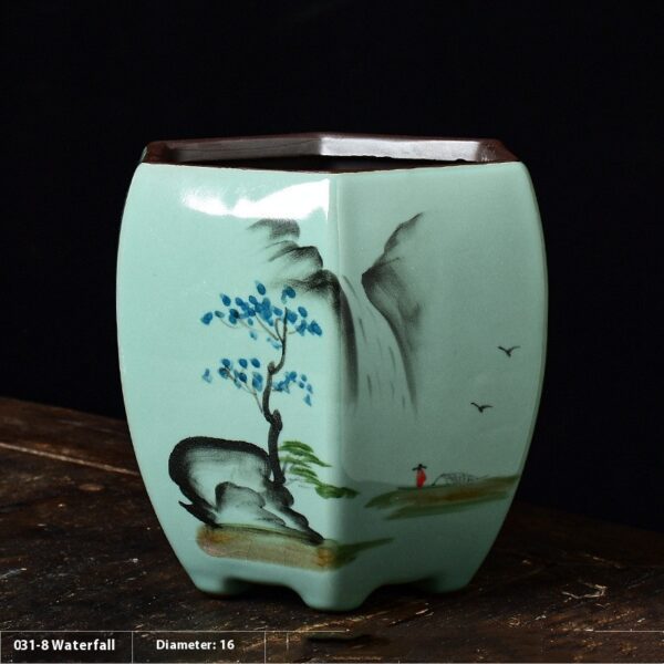 Celadon Hand Painted Ceramic Hexagonal Green Plant Pot