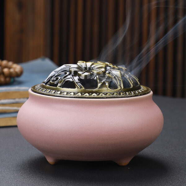 Copper Lid Ceramic Incense Burner Buddha with Antique Alloy Wire