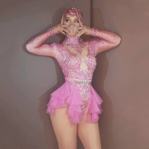 Dance Sexy Shiny Rhinestone Mesh Jumpsuit Stage Performance Costume