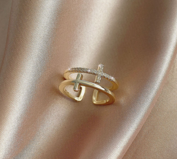 Double Cross Miniature Copper Inlaid Zircon Ring Double Cross Miniature Copper Inlaid Zircon Ring