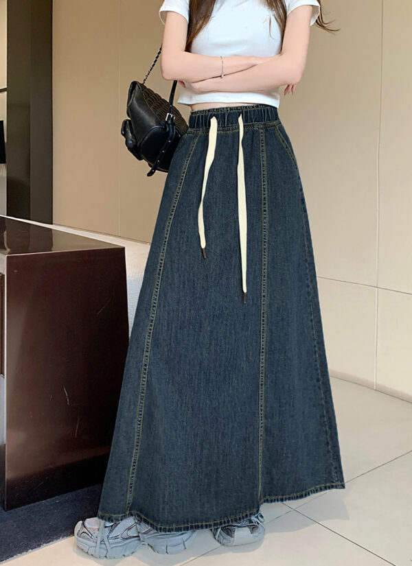 Elastic Waist Drawstring Dark Blue Denim Skirt for Women Elastic Waist Drawstring Dark Blue Denim Skirt for Women