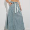 Elastic Waist Drawstring Dark Blue Denim Skirt for Women Elastic Waist Drawstring Dark Blue Denim Skirt for Women