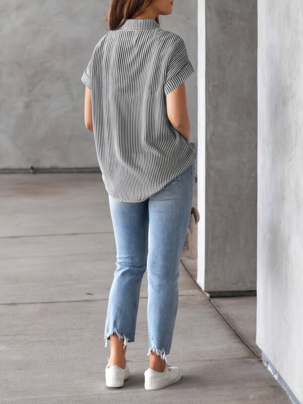 Elegant Plus Size Striped Blouse with Pocket - Casual Short Sleeve Elegant Plus Size Striped Blouse with Pocket - Casual Short Sleeve