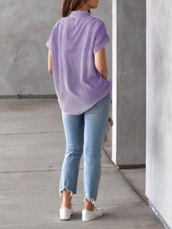 Elegant Plus Size Striped Blouse with Pocket - Casual Short Sleeve Elegant Plus Size Striped Blouse with Pocket - Casual Short Sleeve