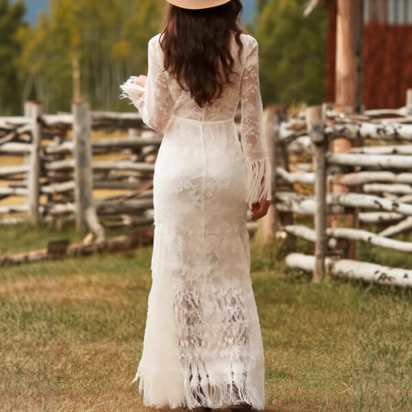 Elegant Vintage Women's Boho Tassel Dress White Lace V Neck Fringe