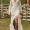 Elegant Vintage Women's Boho Tassel Dress White Lace V Neck Fringe