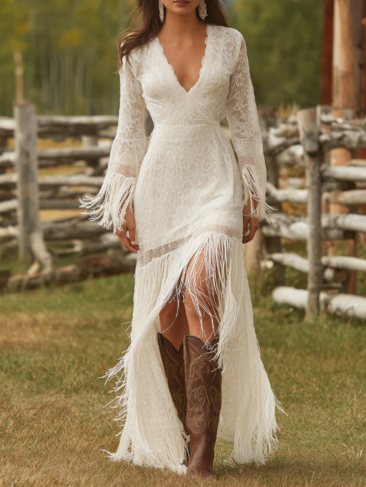 Elegant Vintage Women's Boho Tassel Dress White Lace V Neck Fringe