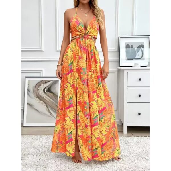 Elegant Womens Floral Print Halter V-neck Backless Side-slit Dress Cut