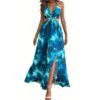 Elegant Womens Floral Print Halter V-neck Backless Side-slit Dress Cut