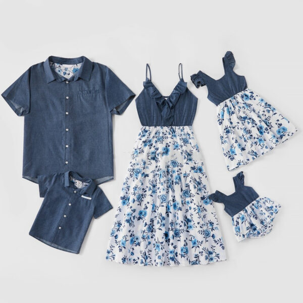 Family Matching Denim Sling Skirt Baby Girl Mom Dad Boy Shirt