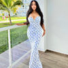 Fashion Flowers Print Suspender Long Dress Summer Lace-up Slim Backless