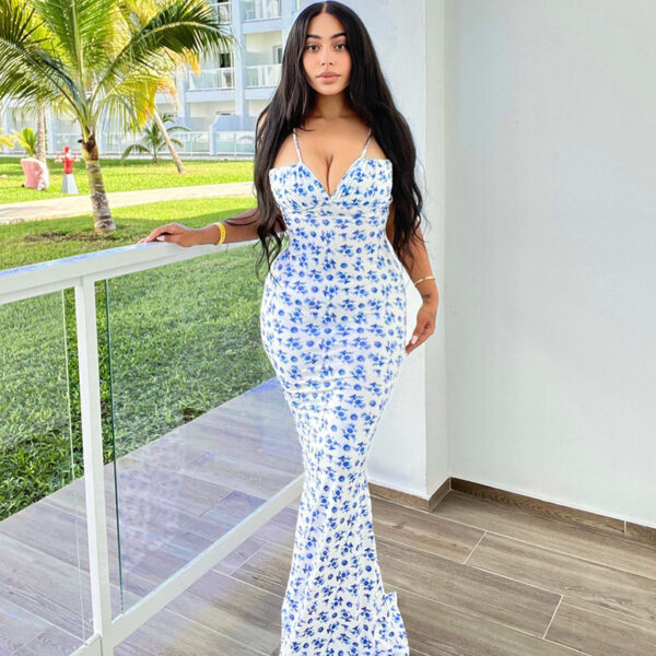 Fashion Flowers Print Suspender Long Dress Summer Lace-up Slim Backless