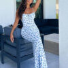 Fashion Flowers Print Suspender Long Dress Summer Lace-up Slim Backless