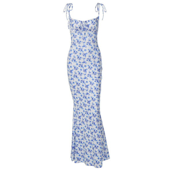 Fashion Flowers Print Suspender Long Dress Summer Lace-up Slim Backless